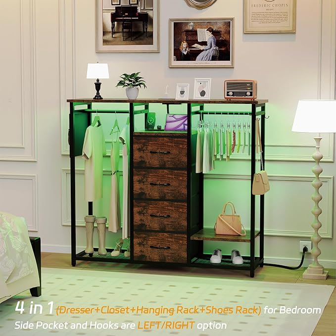 Dresser for Bedroom with 2 Hanging Racks, 4 Drawer Storage Unit with Led Light and Charging Station, Brown Dresser with Clothes Rack, Bedroom Organization with Side Pocket and Hooks, Brown