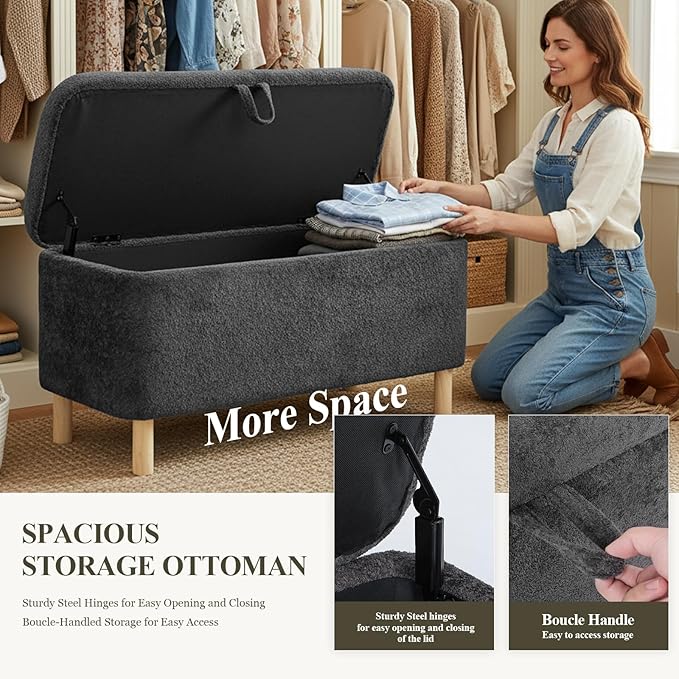 Ottoman with Storage, Storage Ottoman Bench, Entryway Bench with Wood Legs for Living Room, Sitting Area, 2PCS, Dark Grey