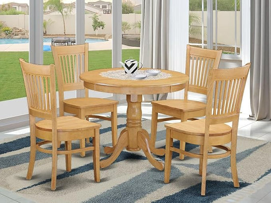 East West Furniture ANVA5-OAK-W 5 Piece Dining Set Includes a Round Dining Room Table with Pedestal and 4 Wood Seat Chairs, 36x36 Inch, Oak