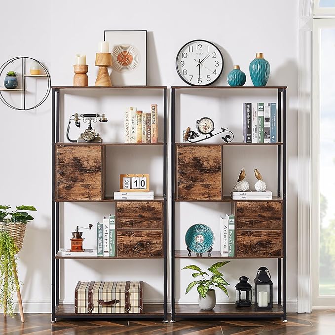 VECELO 5-Tier Bookshelf,Bookcase with 2 Storage Drawers and 1 Cabinet, Wood Board with Metal Frame Open Book Shelves Standing Shelf Unit for Living Room, Home Office,Bedroom