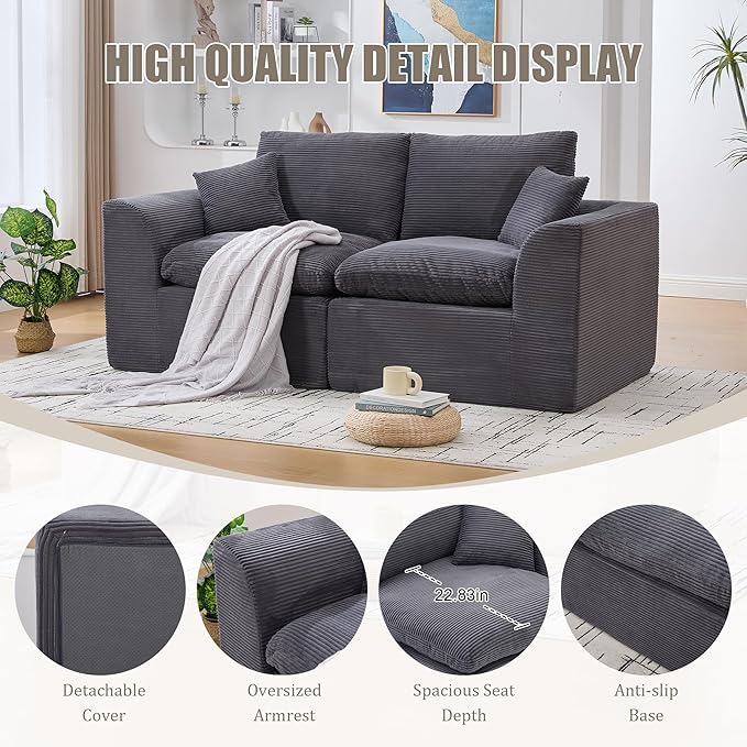 80.3" Cloud Loveseat Boneless Sofas for Living Room, 2 Seaters Modular Foam Cloud Sofa Couches, 2 Seat Compression Foam Couch with Toss Pillows, No Assembly Required