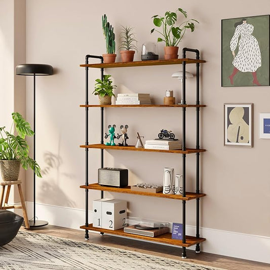 Industrial Bookshelf, 5-Tier Pipe Shelf, Wall Mounted Bookcase for Home and Office (Rustic Brown, 48" L x 11.8" W x 70" H)