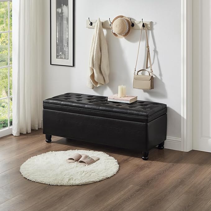 Upholstered Ottoman with Storage,Entryway Bench with Tufted Buttons and Spindle Wooden Legs for Living Room,Bedroom,Black PU