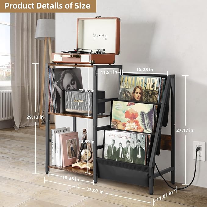 Bikoney Record Player Stand with Power Outlet, Turntable Stand with 3-Tier Vinyl Record Storage, Record Player Table Up to 200 Albums, Records Shelf, Vinyl Record Holder Cabinet for Living Room