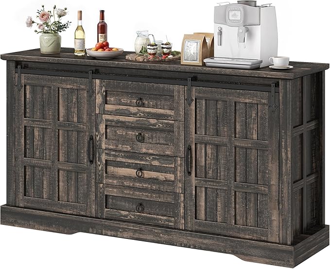 YITAHOME Farmhouse Buffet Cabinet with Storage, 59" Sideboard w/Sliding Barn Doors and 4 Drawers, Kitchen Cabinets for Living Room, Dark Rustic Oak