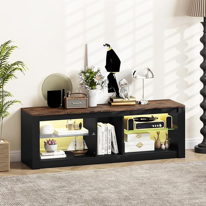 Tangkula LED TV Stand for 65 Inch TVs, Gaming Entertainment Center w/Open Storage, Adjustable Tempered Glass Shelves, Modern Media TV Console Table for Living Room Bedroom (Rustic Brown)