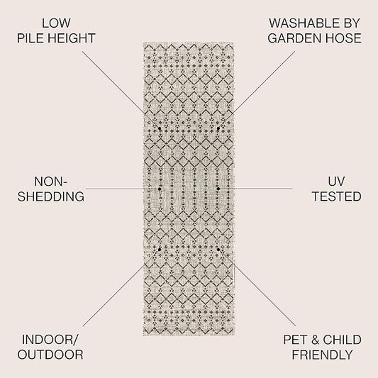 JONATHAN Y Moroccan Geometric Indoor Outdoor Runner Rug 2X20 Light Gray/Black, Ourika Textured Weave for Backyard, Patio, Porch, Easy-Cleaning, High Traffic Pet-Friendly, Non-Shedding SMB108E-220