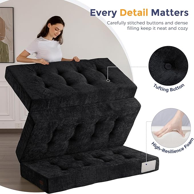 MAXYOYO Tri-Fold Mattress, 6 Inch Tufted Folding Mattress with Chenille Fabric, Portable Full Size Floor Guest Mat for Adults, Foldable Topper for Camping, Black, 53"x75"