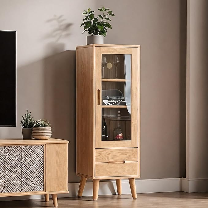 100% Solid Oak Storage Cabinet, Mid Century Modern Buffet Cabinet with Storage, Wooden Sideboard with Door and Adjustable Shelves for Living Room, Kitchen (14.96" W× 12.60" D× 47.24" H)