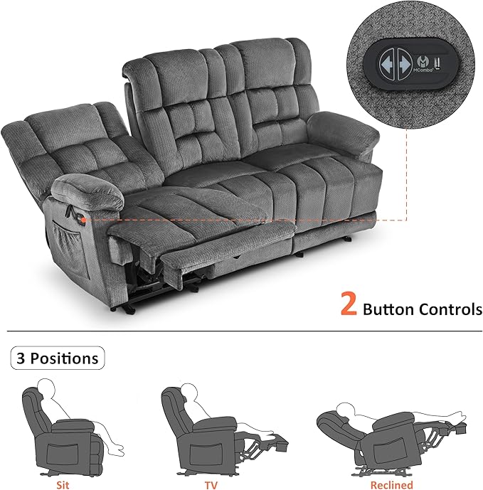 MCombo Zero Gravity Power Recliner Sofa with Drop Down Table, Heat and Vibration Massage, 3 Seater Dual Reclining Couch with USB Ports, Cup Holders for Living Room, Fabric RS6236 (Grey)