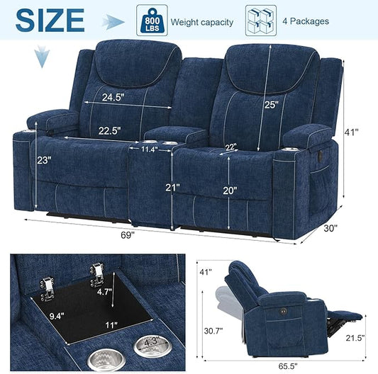 Dresegmt Loveseat Recliner Sofa, Manual Reclining Loveseat Sofa with Storage Console, Cup Holders, USB Ports, Modern Luxury Large Navy Blue Linen Recliner Couch for Living Room/RV