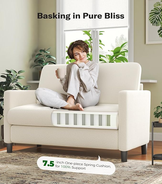 Welzona Loveseat, 51" Small Couch, Comfy Teddy Love Seat for Living Room, Tool-Free Setup Loveseat Sofa for Small Spaces, All-Wood Small Sofa Couch for Bedroom, No Pillow Included, Cream White
