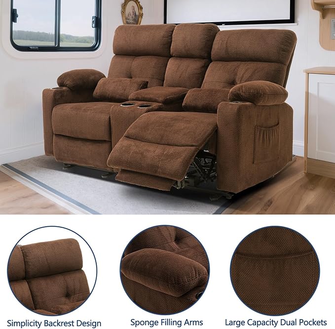 68'' RV Power Reclining Loveseat with Heat and Massage| RV Loveseat Recliner Sofa with Console| Double Reclining Couch with Cup Holder | Loveseat ReclinerTheater Seating(Fabric, Coffee)