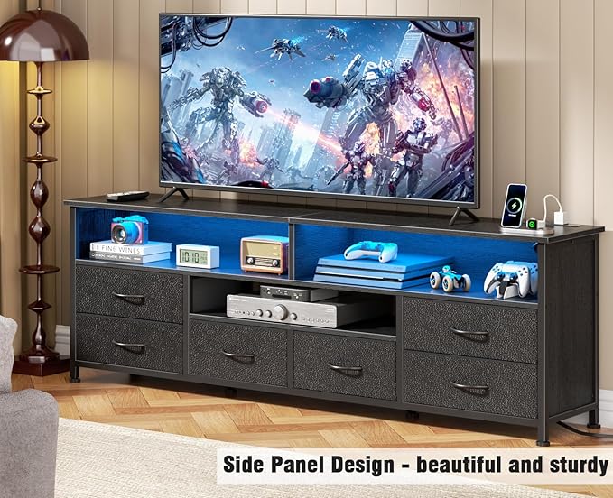 Furologee TV Stand for 65 70 Inch TVs, 63 Inch Entertainment Center Dresser for Bedroom, 6 Drawers Dresser with Power Outlets and LED Lights, Media Console with PU Leather Surface for Living Room