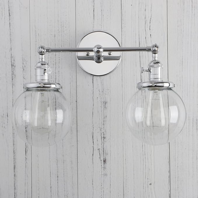 PERMO Double Sconce Vintage Industrial Antique 2-Lights Wall Sconces with Dual Mini 5.9" Round Clear Glass Globe Shade (Chrome)