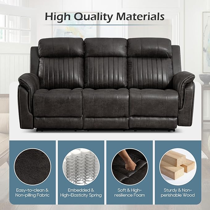 Zero Gravity Power Reclining Sofa with Adjustable Headrest, Electric Reclining Couch with Wireless Charge, USB Ports, Power 3-Seater Recliner Sofa with Drop Down Table, Outlet (Charcoal Brown)