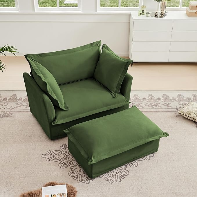KEIKI Oversized Accent Chair with Ottoman, Chaise Lounge Chair with 2 Pillows, Armchair Sets, Oversized Sofa Bed, Sleeper Couch Reading Chairs for Living Room, Green