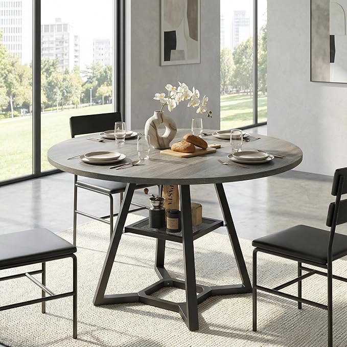 Round Dining Table for 4-6 with Storage Shelf, Kitchen & Dining Room Circle Pedestal Table, Heavy Duty Metal Frame & Wood Top
