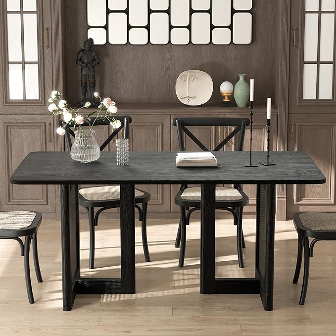 Casaphoria 67" Dining Table, Modern Kitchen Table for 4-6, Farmhouse Style with Rectangular Top & Rattan Legs, Easy Assembly for Living Room, Kitchen, Bar, Black