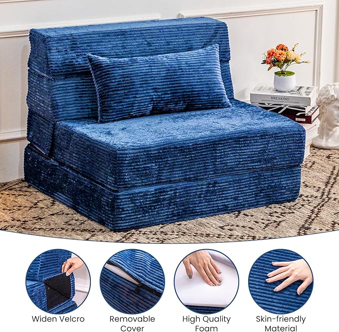 Cvortll Folding Sofa Bed, Convertible Sleeper Chair with Pillow, High Density Memory Foam Fold Out Couch, Foldable Mattress Futon Sofa for Living Room/Dorm/Guest Use/Apartment/Home Office