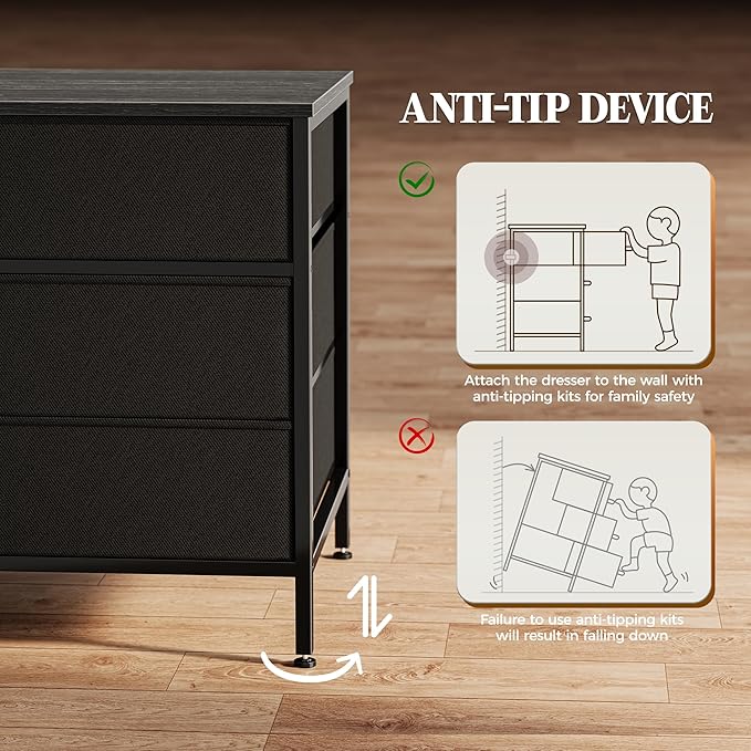 Huuger 63 Inch Dresser for Bedroom, Long Dresser with 10 Fabric Drawers, Large TV Stand for 55, 65, 70 Inch TV, Toy Storage Organizer for Closet, Charcoal Black Wood Grain Print