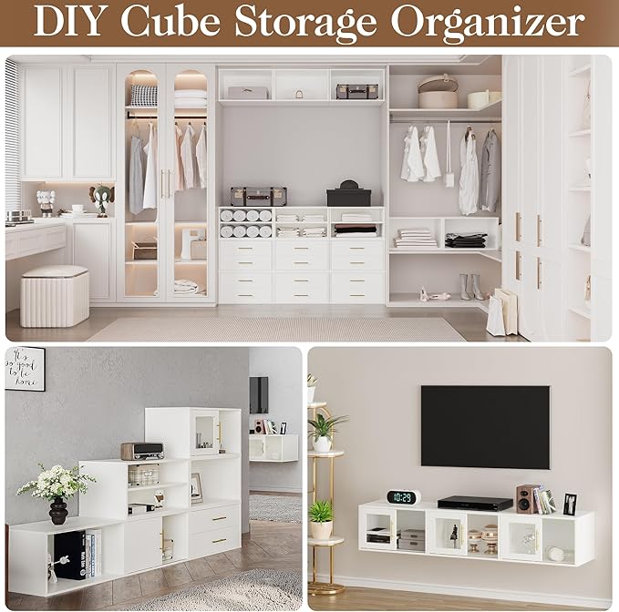 6 Cube Storage Organizer, Stackable Cubby Storage Organizer, Open Shelf Bookcase with Sliding Door, White Wood Bookshelves for Living Room, Bedroom and Apartment, Wall Mounted