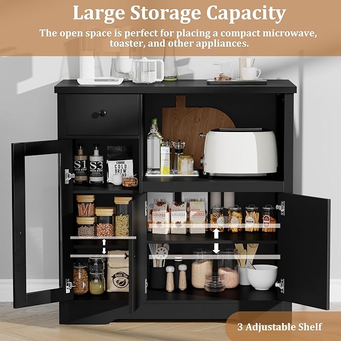 GarveeHome Kitchen Microwave Cabinet with Storage and Drawers, Modern Small Buffet Cabinet with Glass Doors and Adjustable Shelf, Wooden Sideboard with Wide Top for Dining Room, Living Room, Black