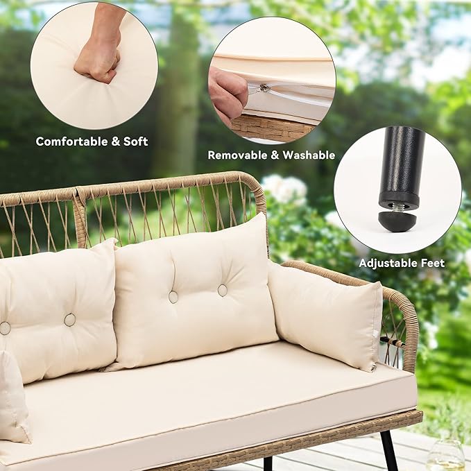 YITAHOME 2-Piece Patio Furniture Wicker Outdoor Loveseat, All-Weather Rattan Conversation for Backyard, Balcony and Deck with Soft Cushions and SideTable (Light Brown+Beige)