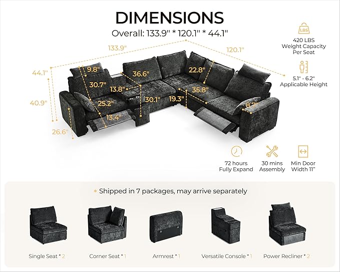 Oversized Modular Sectional Sofa with Double Power Recliner, Cloud Reclining Couch with Headrest, Storage Drawer Charging Cup Holders, Deep L-Shaped 6 Seater with Corner, Chenille, Black
