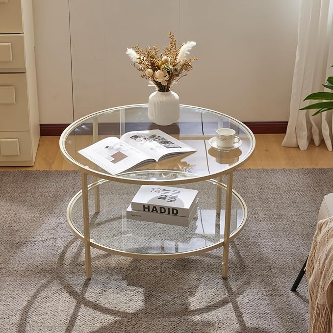 VINGLI Glass Coffee Table, 30" Round Coffee Table, Transparent Glass Coffee Tables for Living Room, 2-Tier Coffee Table with Storage, Modern Center Table with a Beige Frame, Mesa de Centro para Sala
