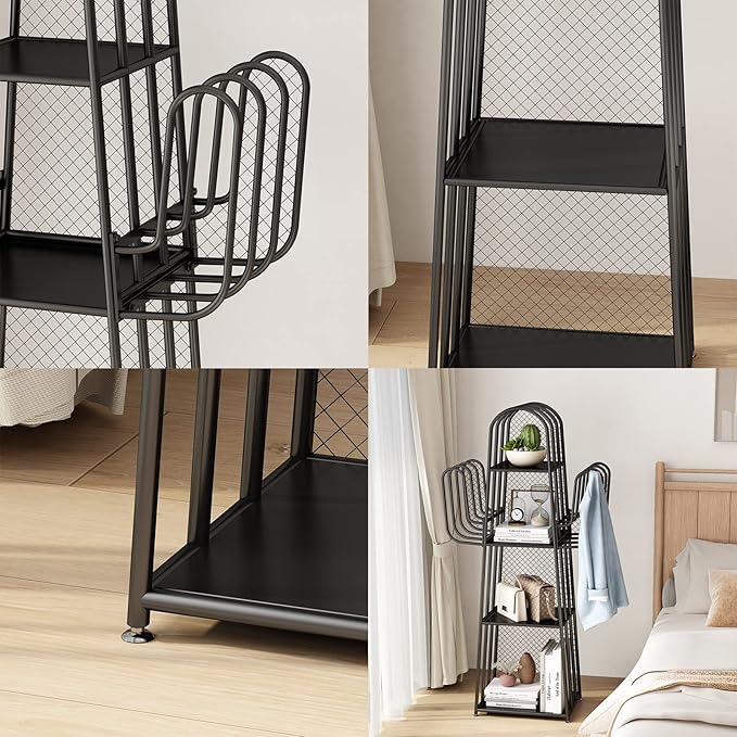 DOORXIF 4-Tier Industrial Bookshelf Freestanding, Cactus Bookcase Storage Organizer Closet Corner Metal Display Cabinet, Corner Black Bookshelf for Small Spaces, Industrial Bookcase for Bedroom Office