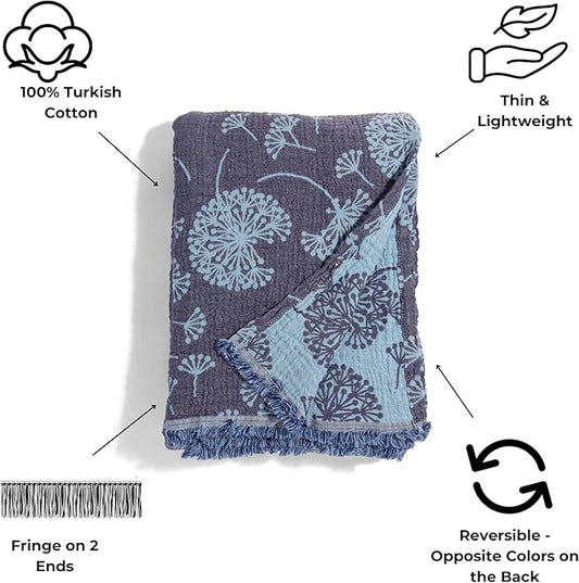 InfuseZen Large Turkish Muslin Throw Blanket - Reversible Dandelion Design -100% Turkish Cotton Gauze - 92" x 65" - Soft, Thin, Lightweight, Breathable - Sofa, Bed, Picnic, Beach, Yoga - Navy/Blue