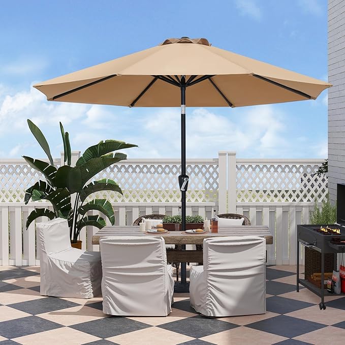 ABCCANOPY 10FT Patio Umbrella, Waterproof Table Umbrella with Push Button Tilt and Crank, 8 Ribs UV Protection Pool Umbrella for Garden, Lawn, Deck & Backyard (Khaki)
