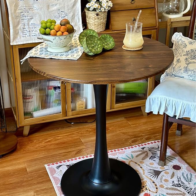 23.4" Round Tulip Dining Table for 2-4 People with Walnut Top and Black Metal Pedestal Base, Mid-Century Modern Small Space Table for Kitchen, Living Room, Cafe