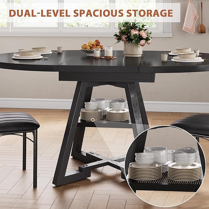 Round Dining Table Kitchen Dining Room Dinner Table for 4-6, Space Saving Extendable Oval Circle Furniture with Pedestal Base and Storage Shelf for Kitchen Living Room (Black, for 4-6)