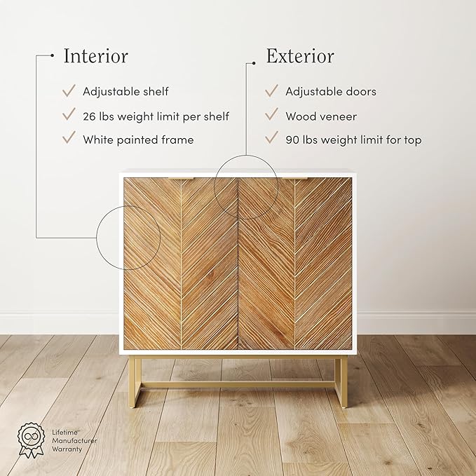 Nathan James Enloe Modern Storage Free Standing Accent Cabinet TV Stand with Doors in a Rustic Pine Wood Finish and Gold Metal Base for Hallway, Entryway or Living Room, Brown/White/Gold, Set of 2