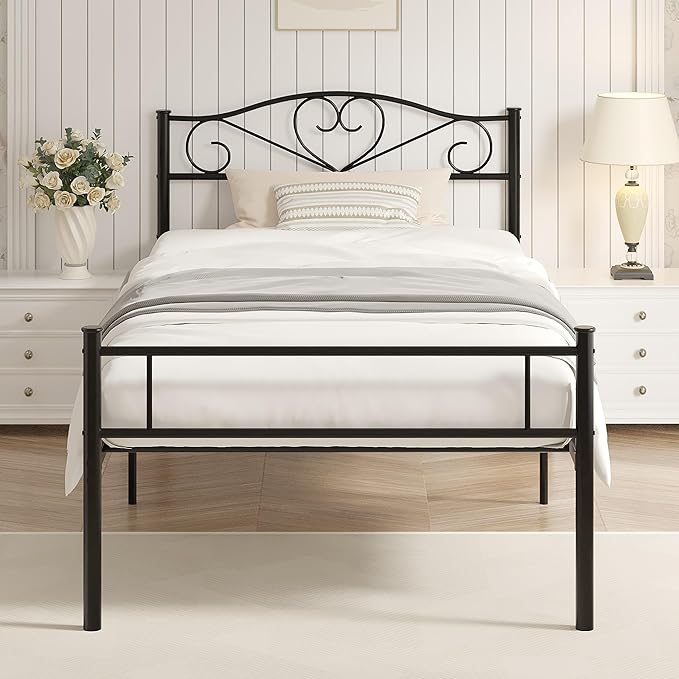 VECELO 14 Inch Twin Size Metal Platform Bed Frame with Headboard and Footboard, Heavy Duty Mattress Foundation with Steel Slats Support, No Box Spring Needed, Black