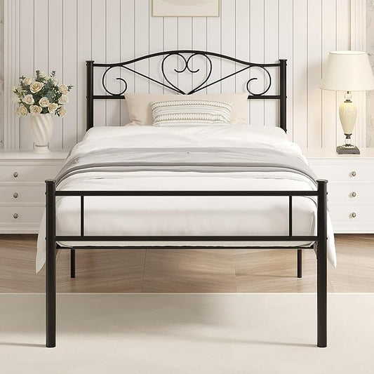 VECELO 14 Inch Twin Size Metal Platform Bed Frame with Headboard and Footboard, Heavy Duty Mattress Foundation with Steel Slats Support, No Box Spring Needed, Black