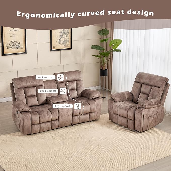 CANMOV Recliner Sofa Set, Power Lift Recliner with Massage&Heat and Loveseat Set, Reclining Sofa with Storage Console,Hidden Cup Holders, for Living Room, Camel-Brown