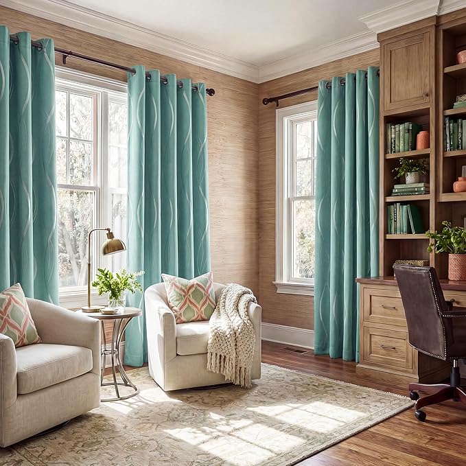 NICETOWN Aqua Blue Curtains 72 inch Long for Nursery and Kids Room, Wave Line Foil Print Design Pattern Drapes for Wall Decor, W52 x L72 inch, 2 Panels