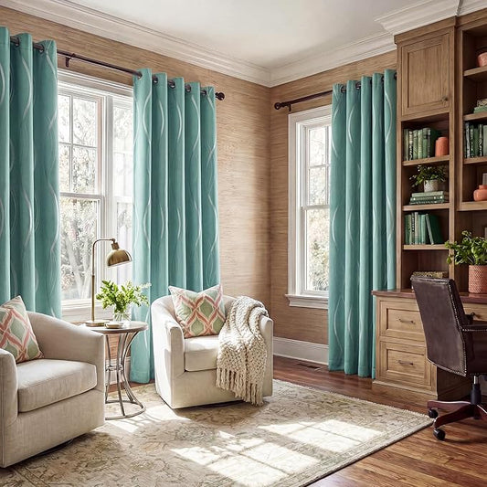 NICETOWN Aqua Blue Curtains 72 inch Long for Nursery and Kids Room, Wave Line Foil Print Design Pattern Drapes for Wall Decor, W52 x L72 inch, 2 Panels