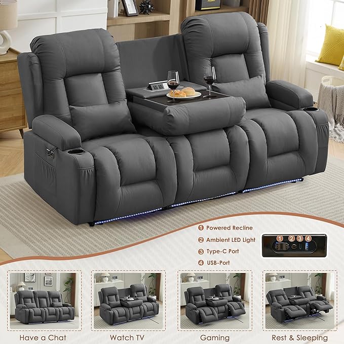TUNYI Wall Hugger Loveseat Recliner Sofa with Console, Power Reclining Loveseat RV Couch with Massage & Heat/USB/Outlet/Storage/LED Light (Grey, 3 Seat)