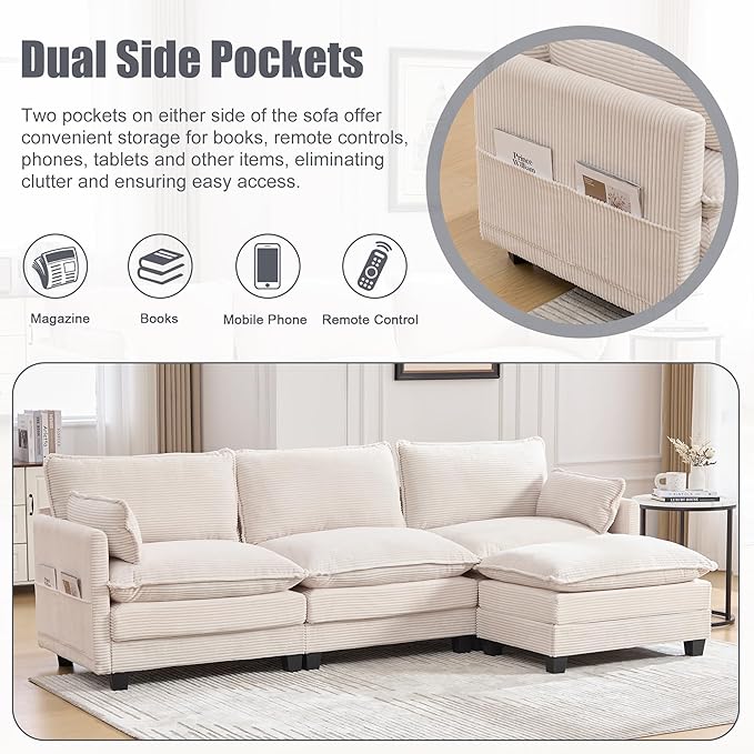 103" Oversized Modular Sectional Sofa Couch with Reversible Ottoman, Free Combination Convertible Corner Couch,Corduroy Upholstered Cloud Sectional Couch with Side Pockets | Multiple Cushions, DIY Combination, Removable Cover