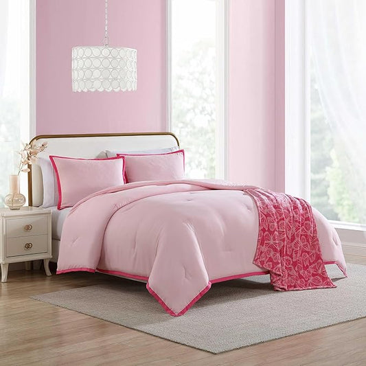 Betsey Johnson - King Comforter Set, Super Soft Bedding with Matching Shams, Bonus Throw Included, Chic Bedding Essentials (Signature Hotel Solid Pink, King)