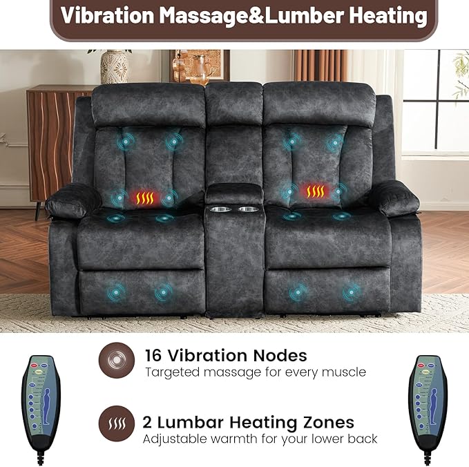 Power Reclining Loveseat with Console, Loveseat Recliner Sofa with Massage & Heat, Perfect Electric Couch for Living Room (Gray)