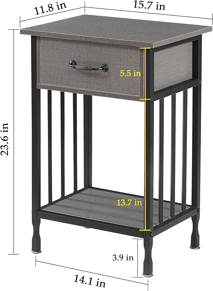 VECELO Nightstands, Industrial Side/End Tables with Drawer and Storage Shelf, Night Stands for Bedroom, Living Room, Wood Metal Furniture, Easy Assembly
