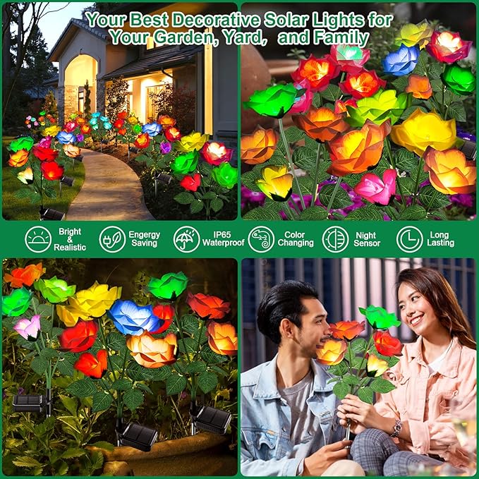 Solar Lights Outdoor Waterproof, 2026 Upgraded Solar Garden Lights with Beautiful & Realistic Rose Flowers, 7 Color Changing Outdoor Solar Lights for Outside Yard Porch Patio Garden Decor, 3 PK