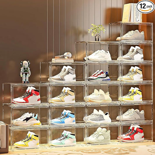 MMBABY 12 Pack Acrylic Clear Shoe Boxes– Ultra Clear Plastic Stackable Sneaker Storage For Sneakerhead. Professional Grade Shoe Display Case with Magnetic Door.Fits US Size 15
