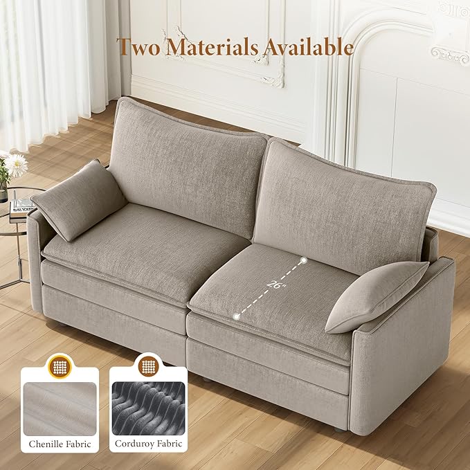 Vesgantti 74" Loveseat Sofa for Living Room, Comfy Cloud Couch Deep Seat Chenille Modern 2 Seater Small Sofa with Armrest Pillow, Easy Assembly for Small Spaces, Light Brown | Sink-in Comfort, Height Adjustable, Easy Rearrangement, Extra-deep Ottoman, ...