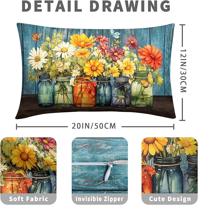 Daisy Floral Lumbar Pillow Covers 12x20 Set of 2 Rustic Vintage Flower Vase Wood Board Throw Pillow Cases Spring Summer Watercolor Flowers Outdoor Pillowcase for Farmhouse Couch Sofa Decor